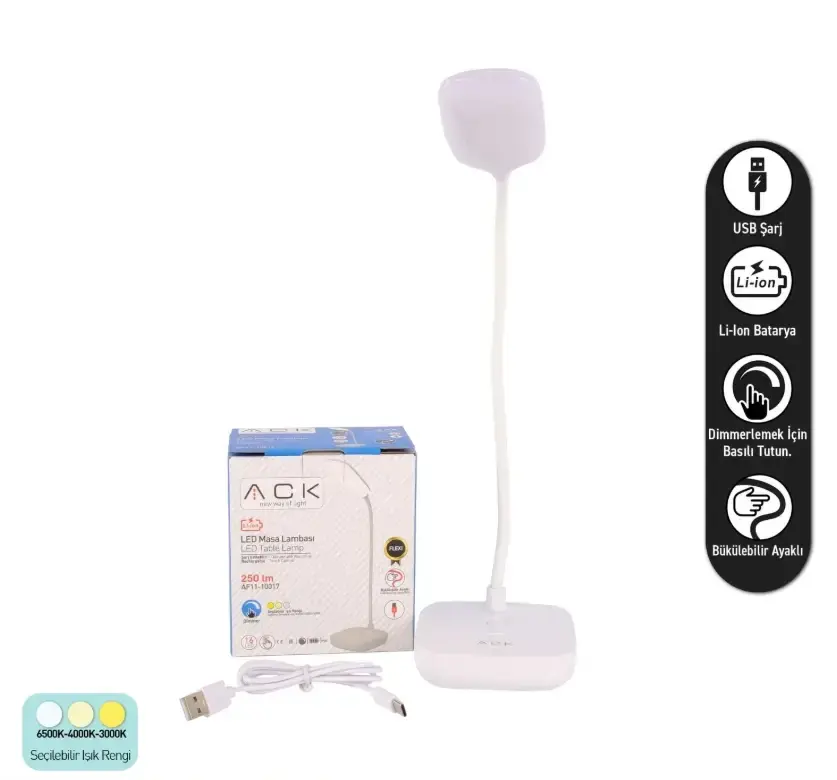 ACK AF11-10017 Led Masa Lambası Şarjlı Dimli Dokunmatik Beyaz Kasa