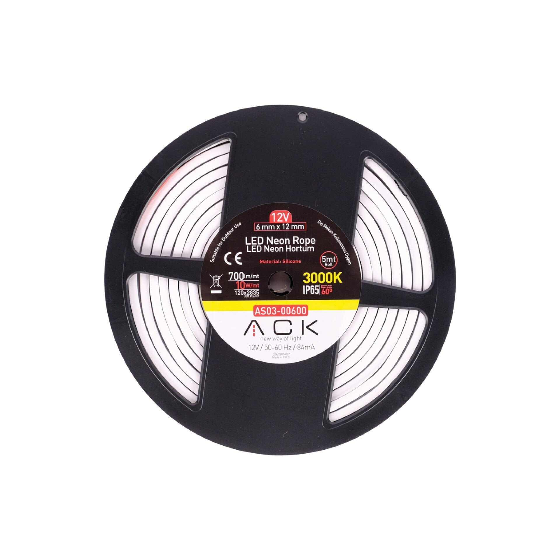ACK AS03-00603 10W/mt 12V Neon Hortum Led 6500K Beyaz Işık IP65